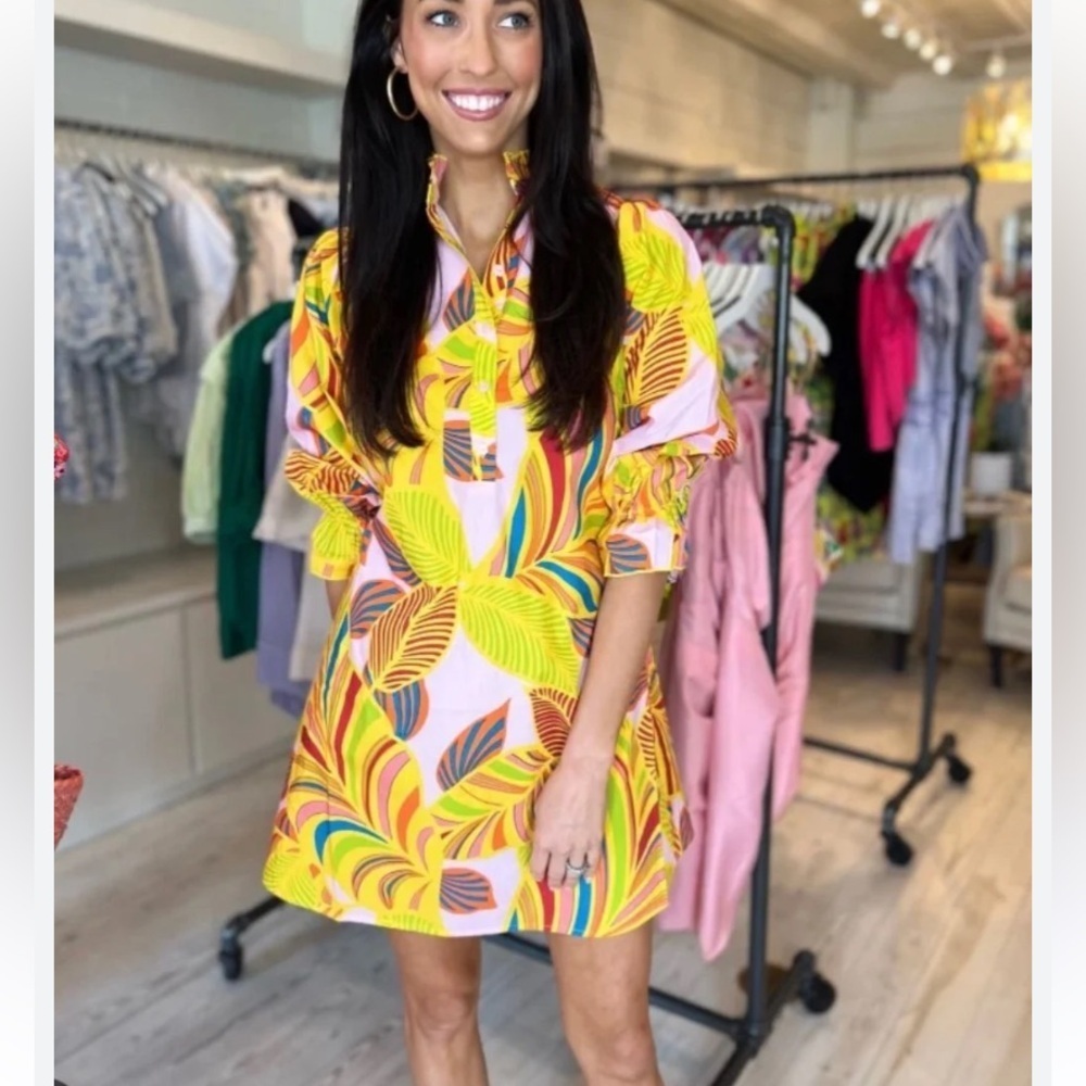 Flora Bea Vibrant Multicolor Puff Sleeve Dress size M​ - Picture 2 of 4